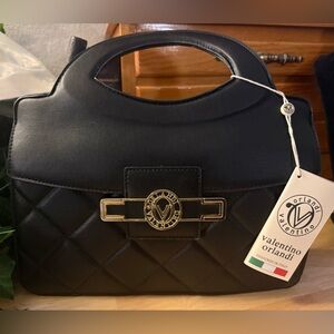 Valentino Orlandi Black Quilted Top Handle Crossbody Bag Gold Hardware NWT